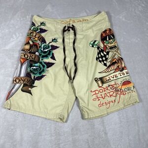 Vintage Ed Hardy By Christian Audigier Tattoo Big Logo Surf Shorts Size 33 90's